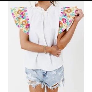 THML embroidered flutter sleeve top M